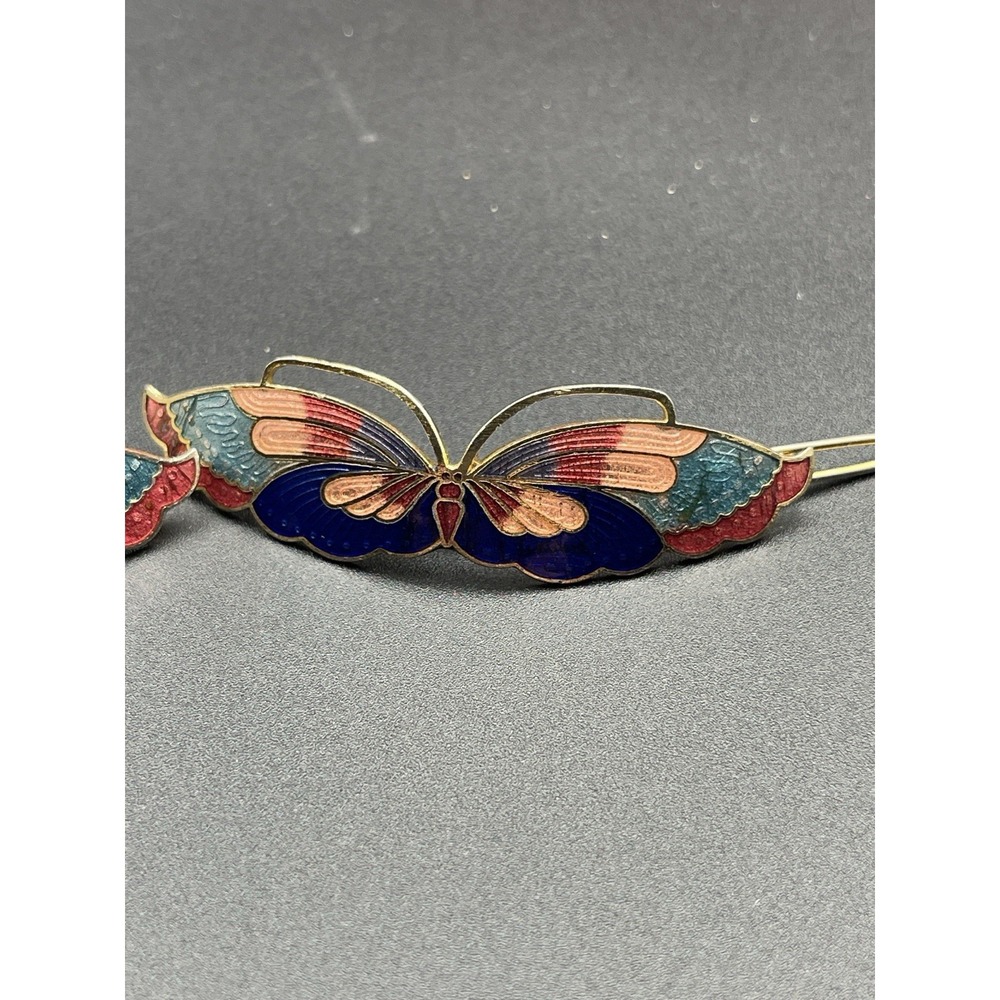 Vintage Enamel Butterfly Barrettes Pair Gold Tone Hair Clips Cloisonne Style - Picture 3 of 4